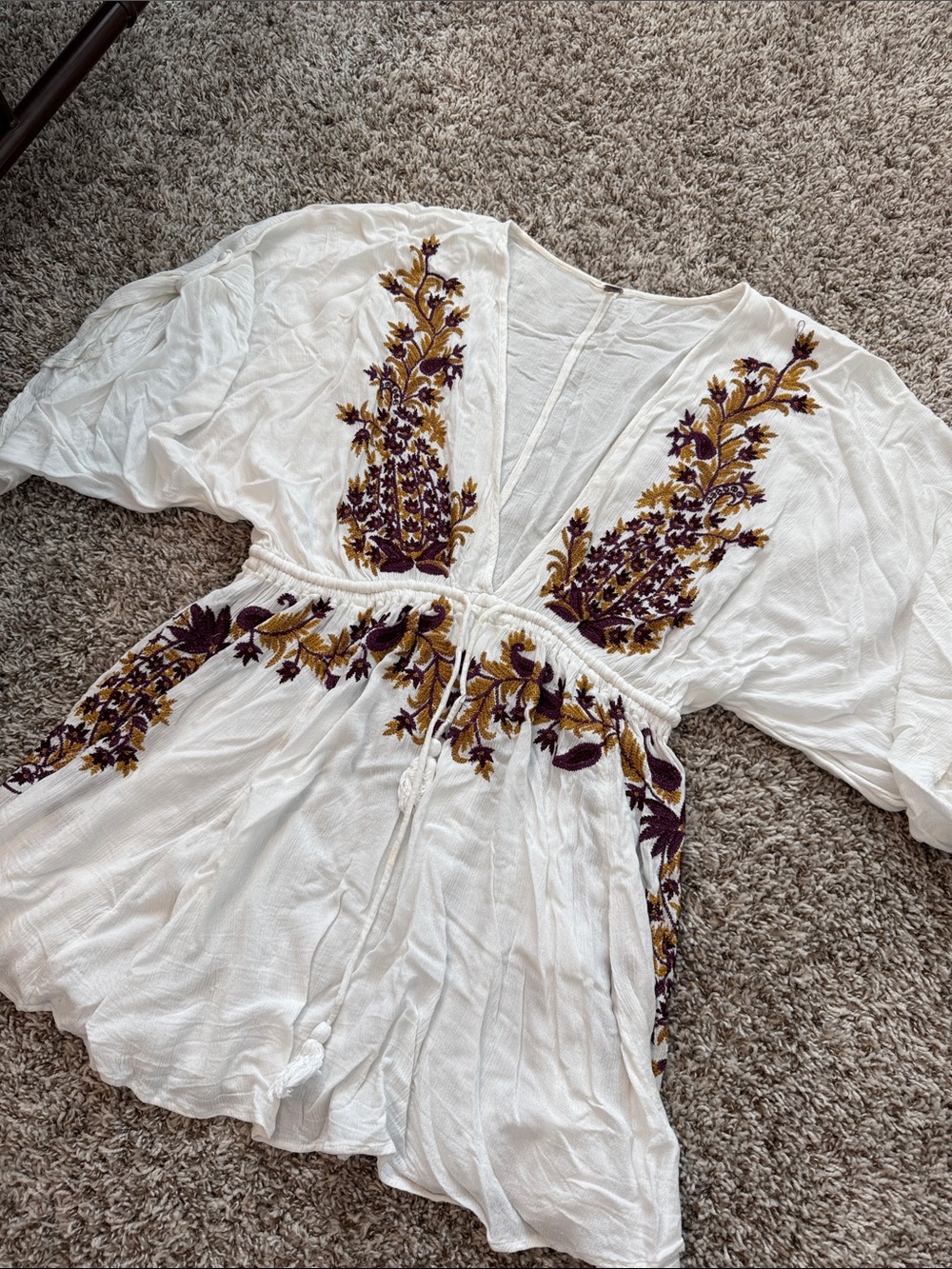 Free People White Embroidered Boho Tunic Dress | Purple & Gold Floral | Size M
